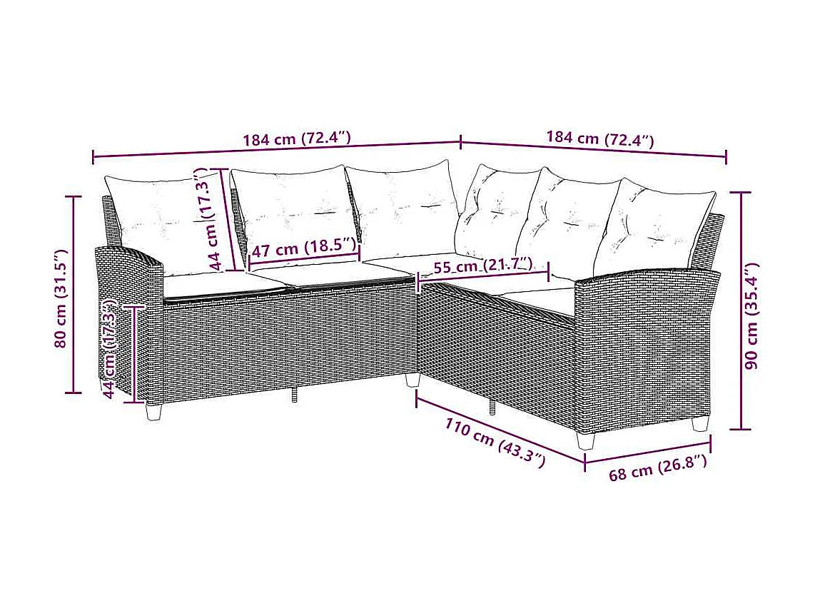 L-förmiges Couchsofa mit Kissen Graues Polyrattan