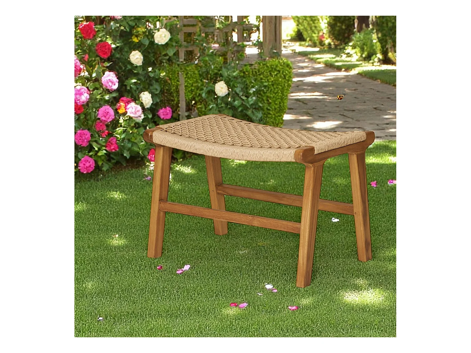 Tabouret repose-pieds en teck et fibre naturelle tressée MENDOZA