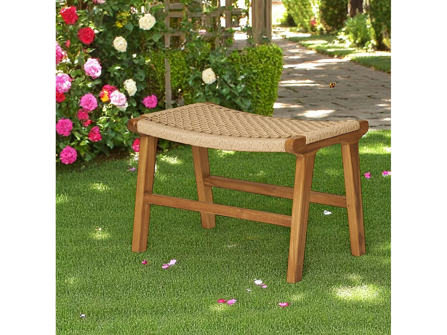 Tabouret repose-pieds en teck et fibre naturelle tressée MENDOZA