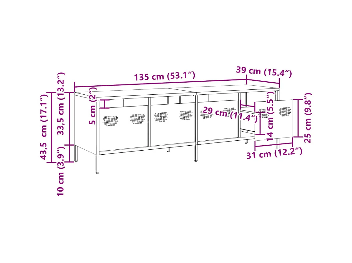 Meuble TV vert olive 135x39x43,5 cm acier laminé à froid