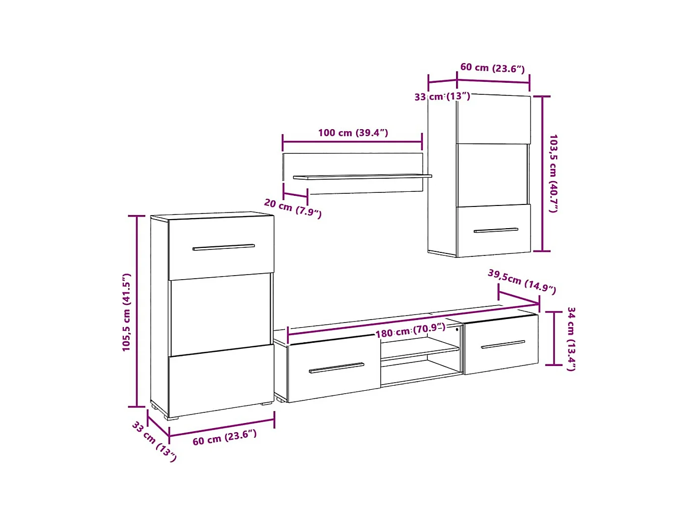 5-delige Tv-meubels met LED-verlichting bewerkt hout matindigo