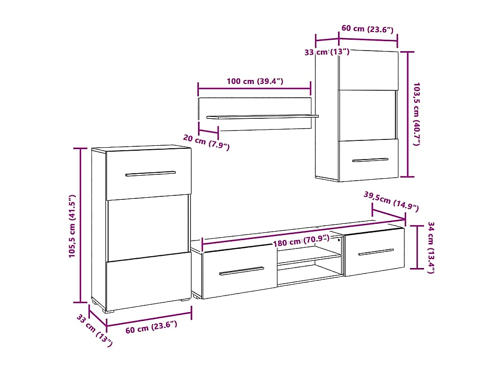Meubles TV 5 pcs avec lumière LED indigo mat bois d'ingénierie