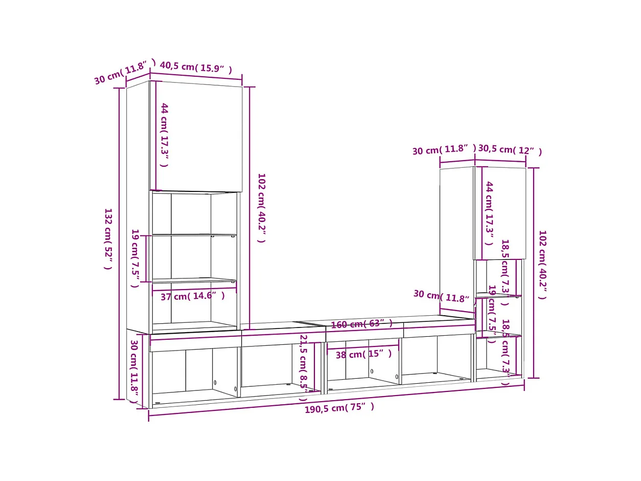 4-delige Tv-wandmeubelset met LED bewerkt hout sonoma eiken
