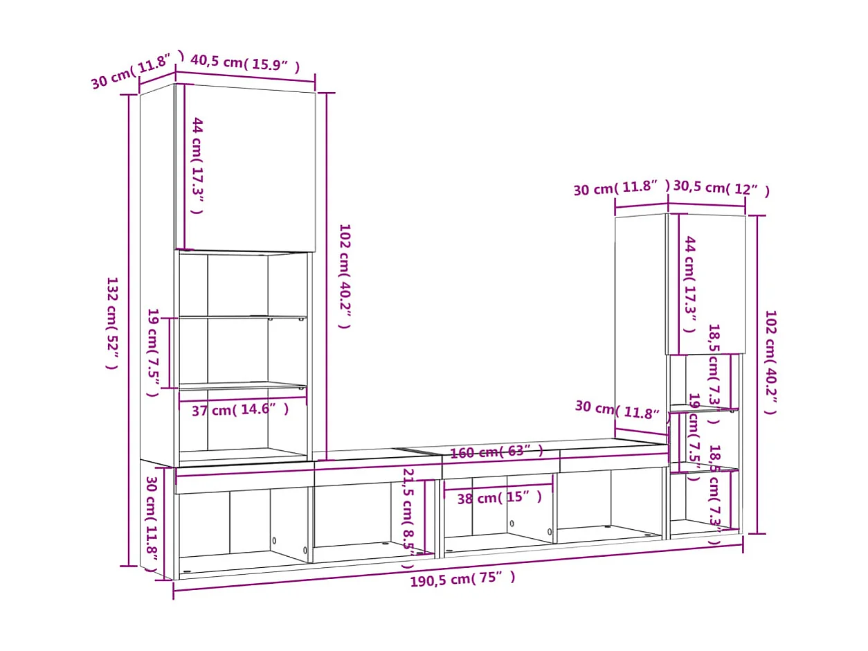 4-delige Tv-wandmeubelset met LED bewerkt hout sonoma eiken