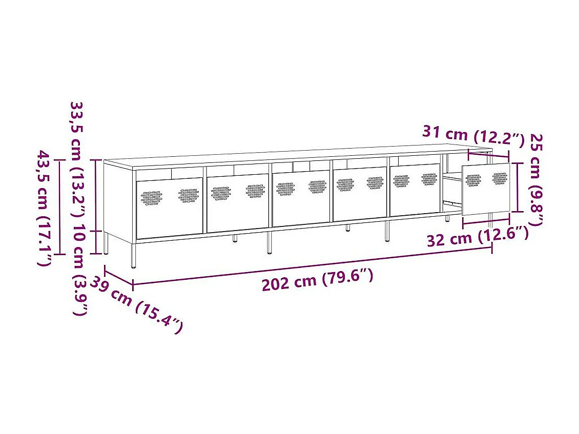 Tv-meubel 202x39x43,5 cm koudgewalst staal zwart