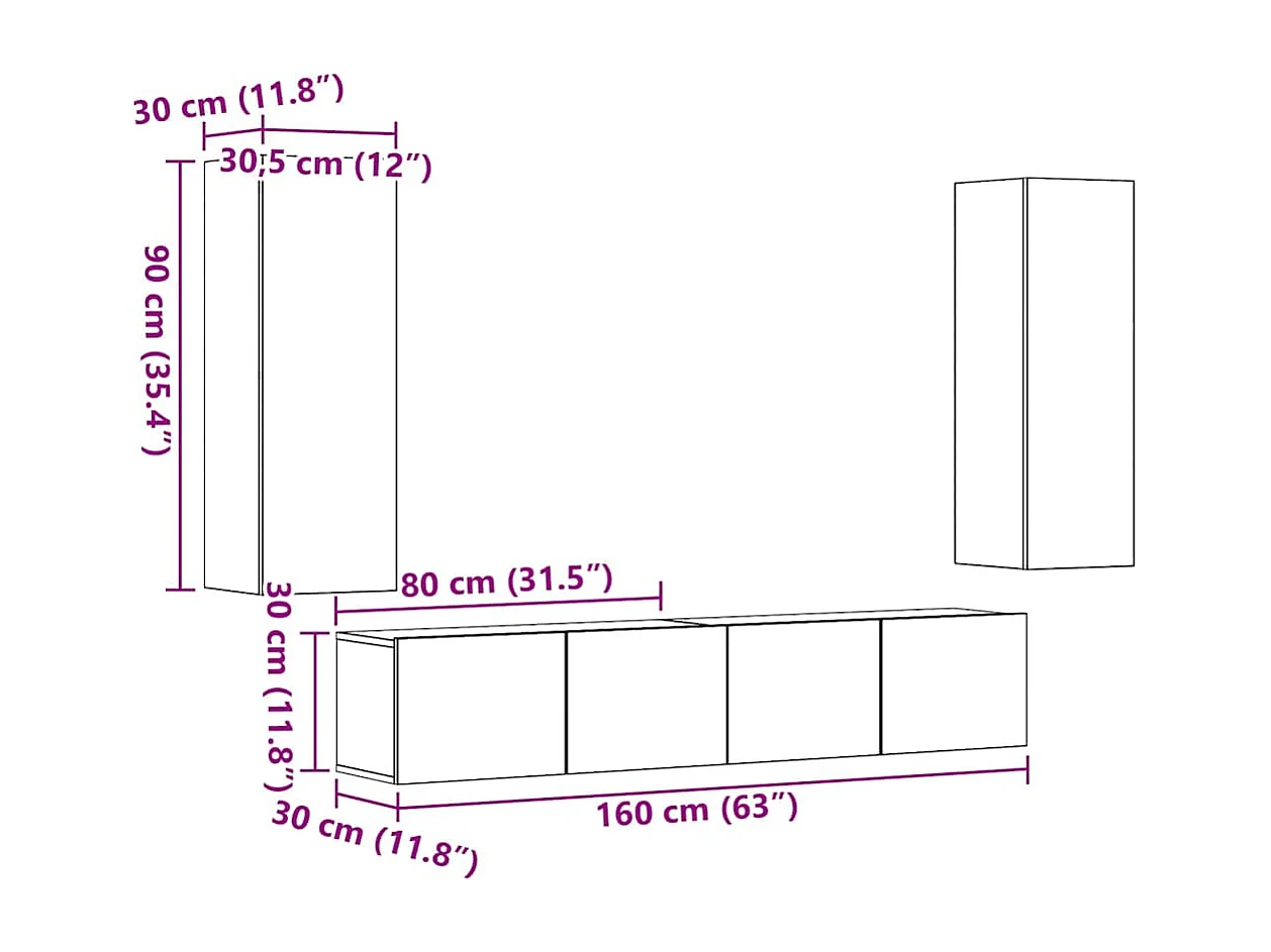 Meubles TV muraux 4 pcs vieux bois bois d'ingénierie