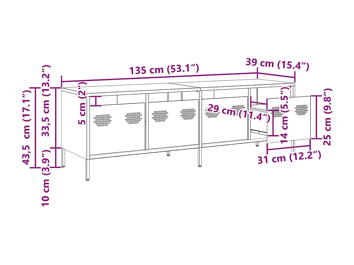 Meuble TV anthracite 135x39x43,5 cm acier laminé à froid