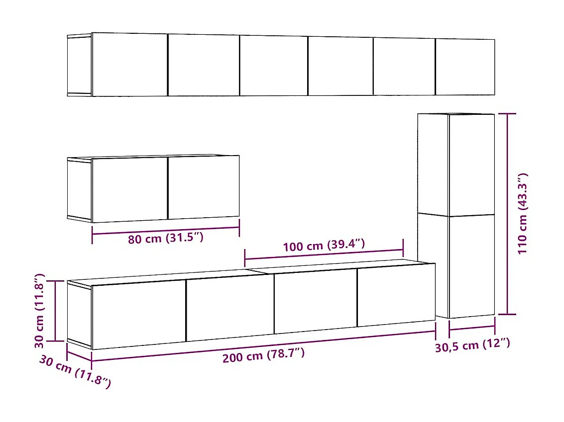 Ensemble de meuble TV mural 7 pcs vieux bois bois d'ingénierie