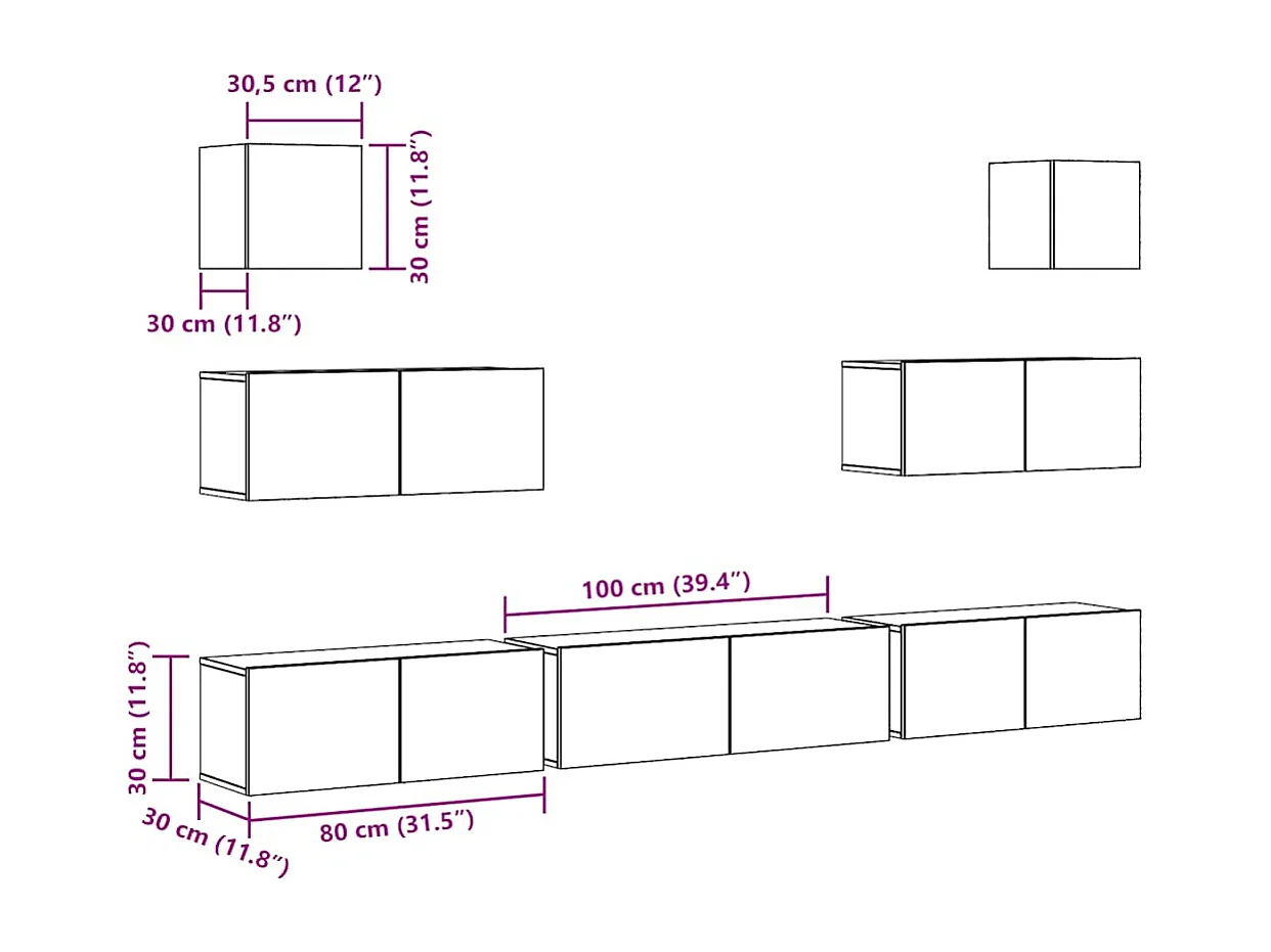 Set Mobile TV 7 pz Montato a Parete Legno Antico in Truciolato
