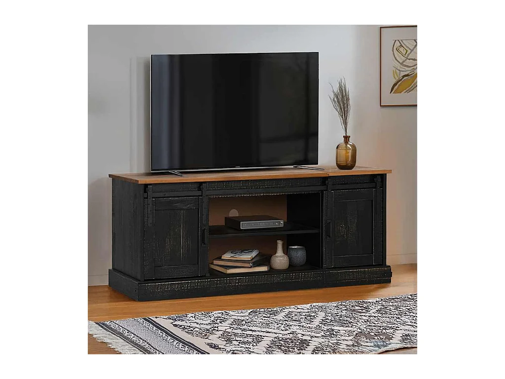 TV-Schrank HALDEN 2 Schiebetüren Schwarz 150x40x60cm Massivholz