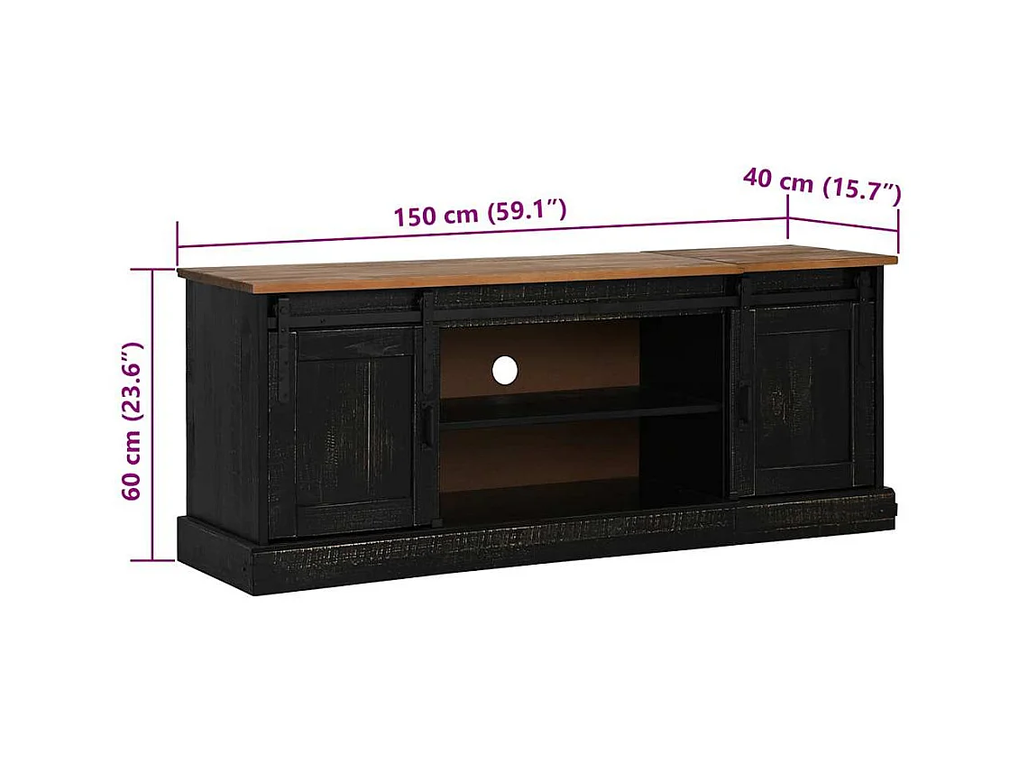 TV-Schrank HALDEN 2 Schiebetüren Schwarz 150x40x60cm Massivholz