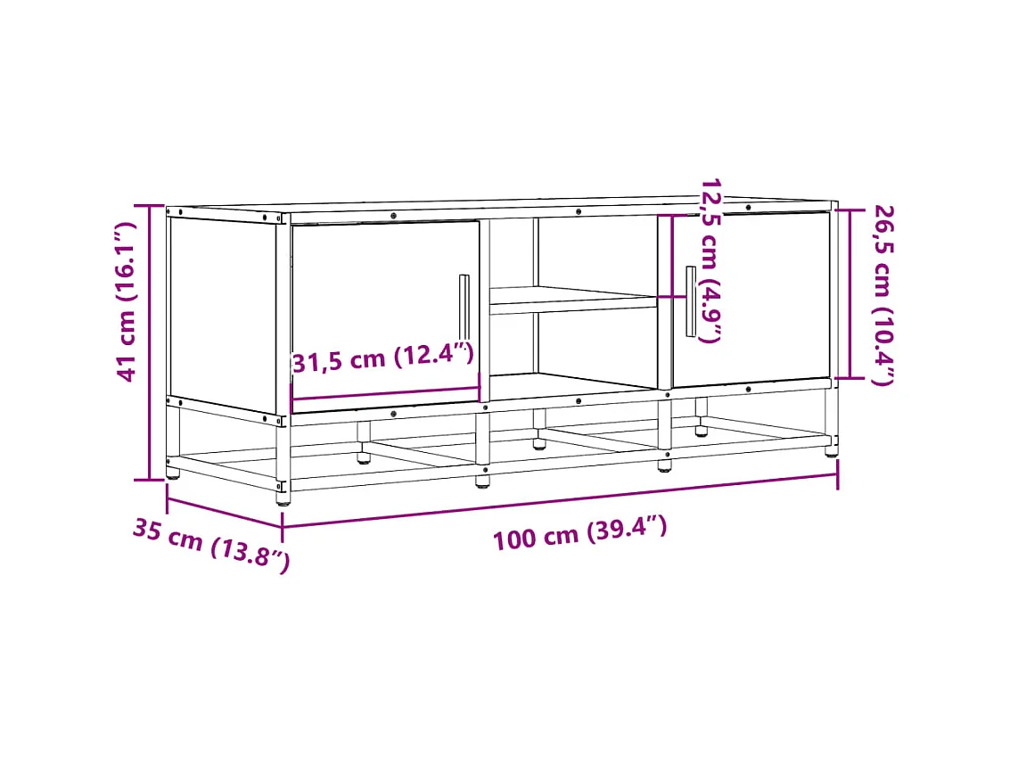Meuble TV sonoma gris 100x35x41 cm bois d'ingénierie et métal