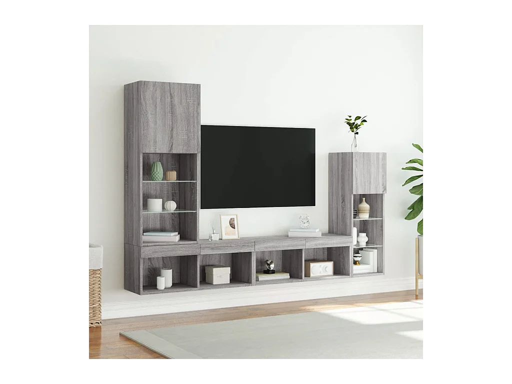 4-delige Tv-wandmeubelset met LED bewerkt hout grijs sonoma
