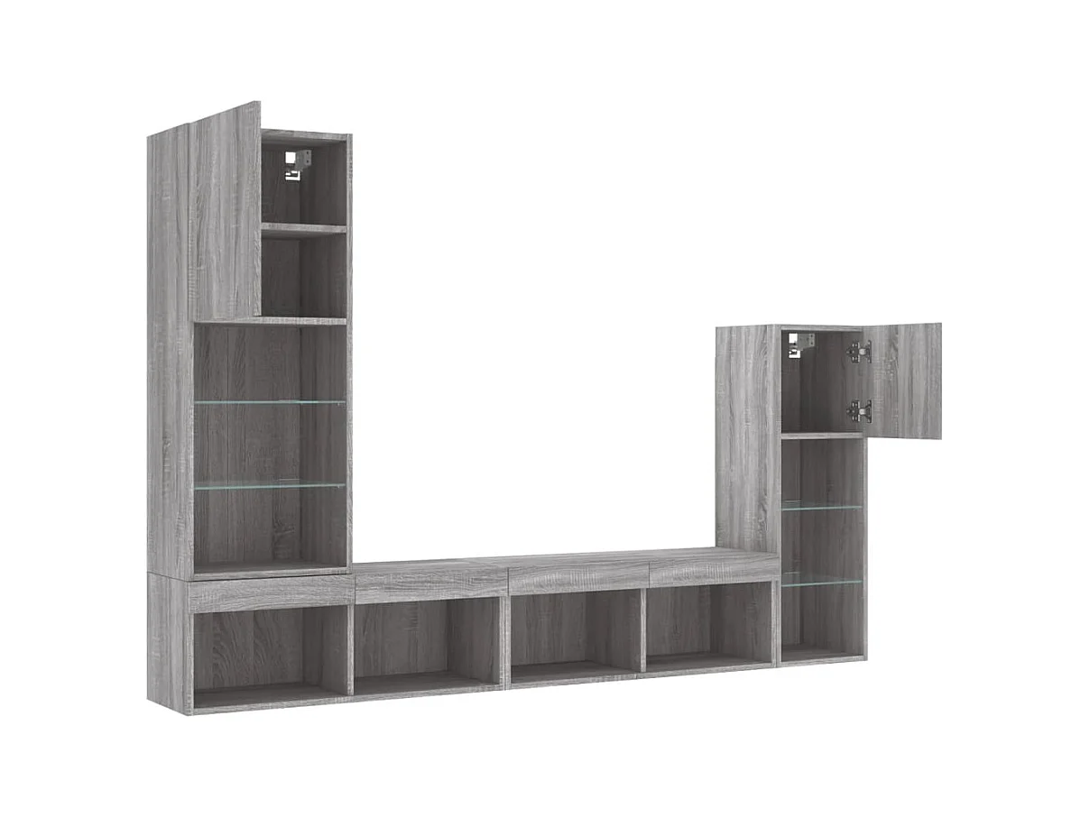 4-delige Tv-wandmeubelset met LED bewerkt hout grijs sonoma