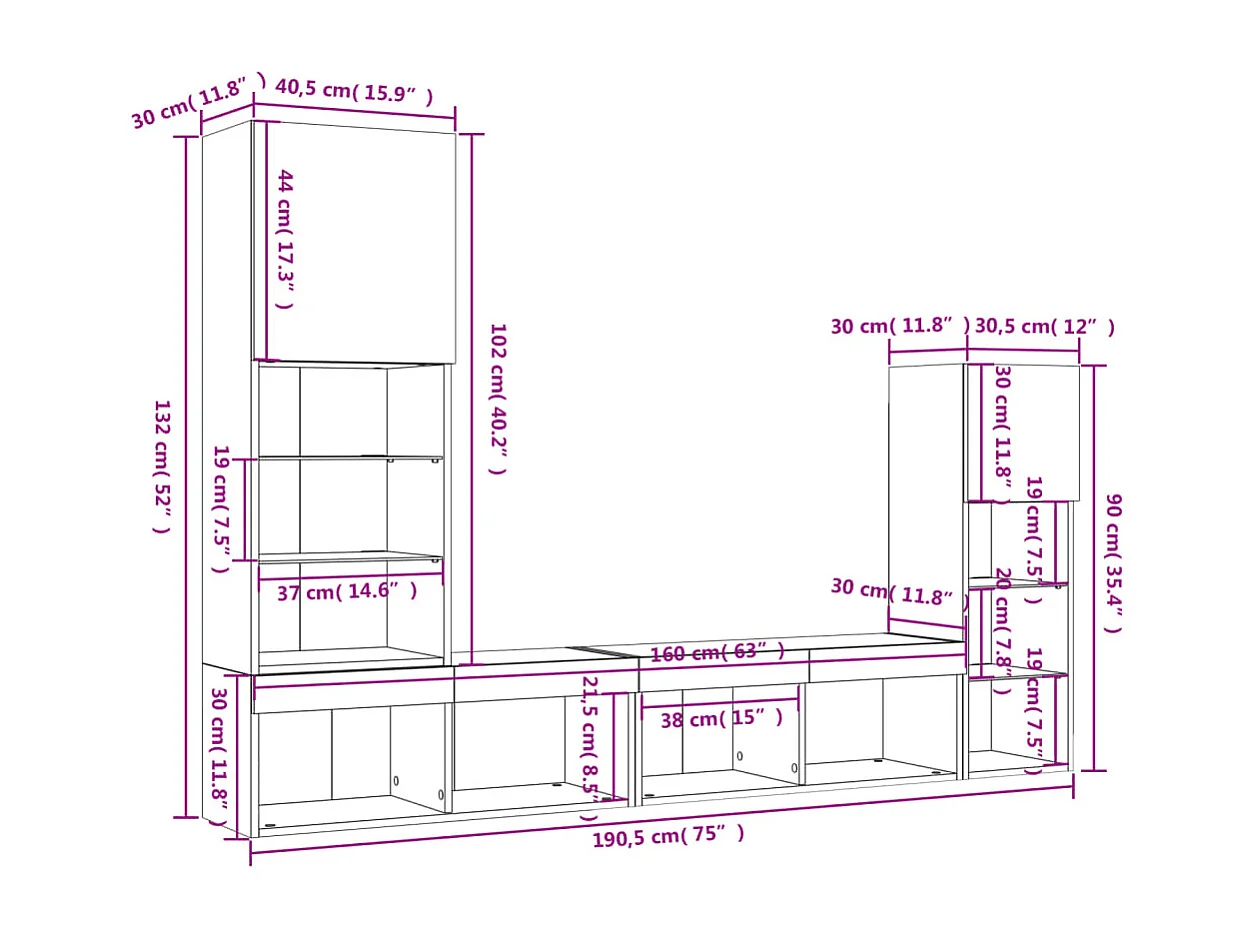 4 pcs móveis parede p/ TV c/ LEDs deriv. madeira cinza sonoma