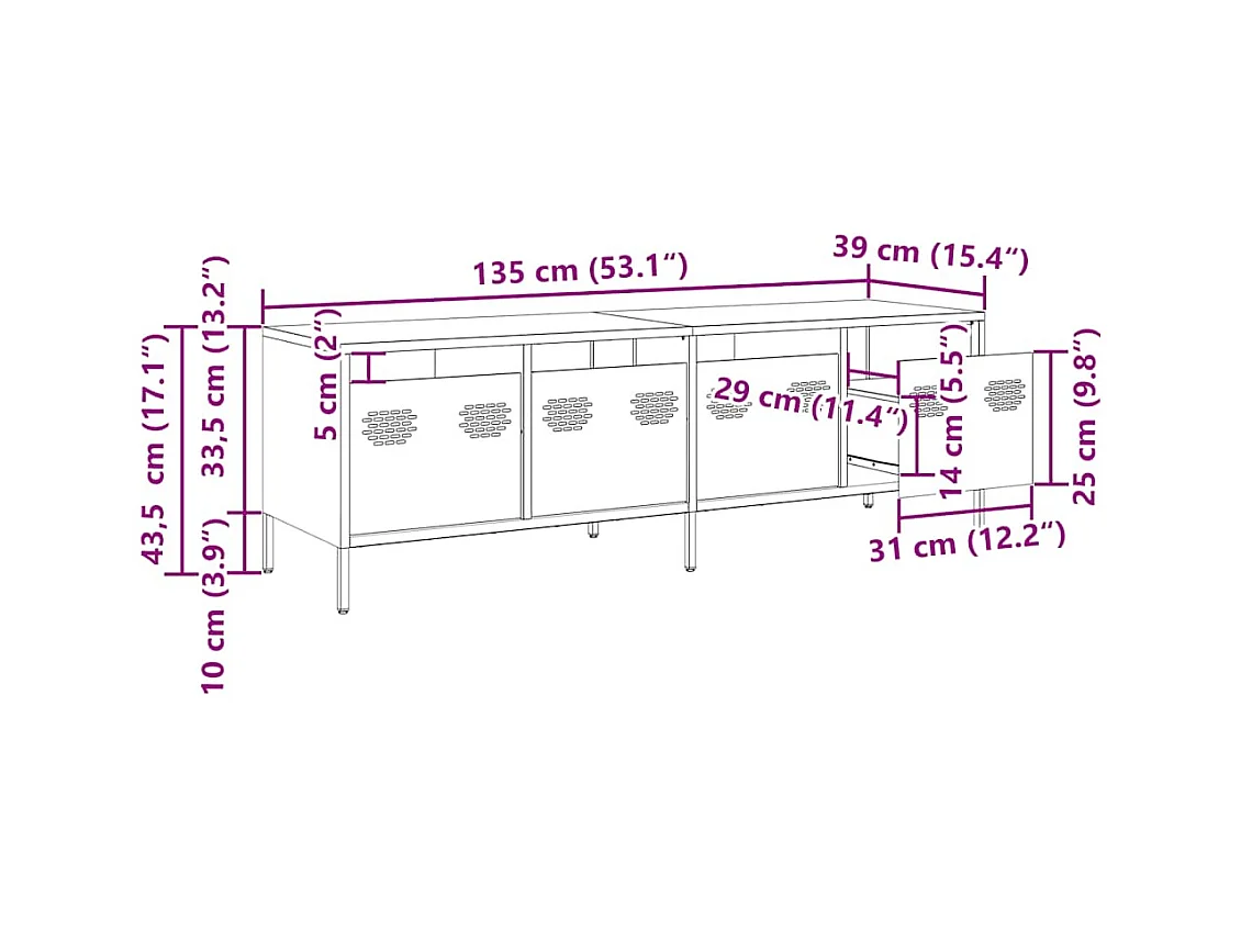 TV-Schrank Weiß 135x39x43,5 cm Kaltgewalzter Stahl