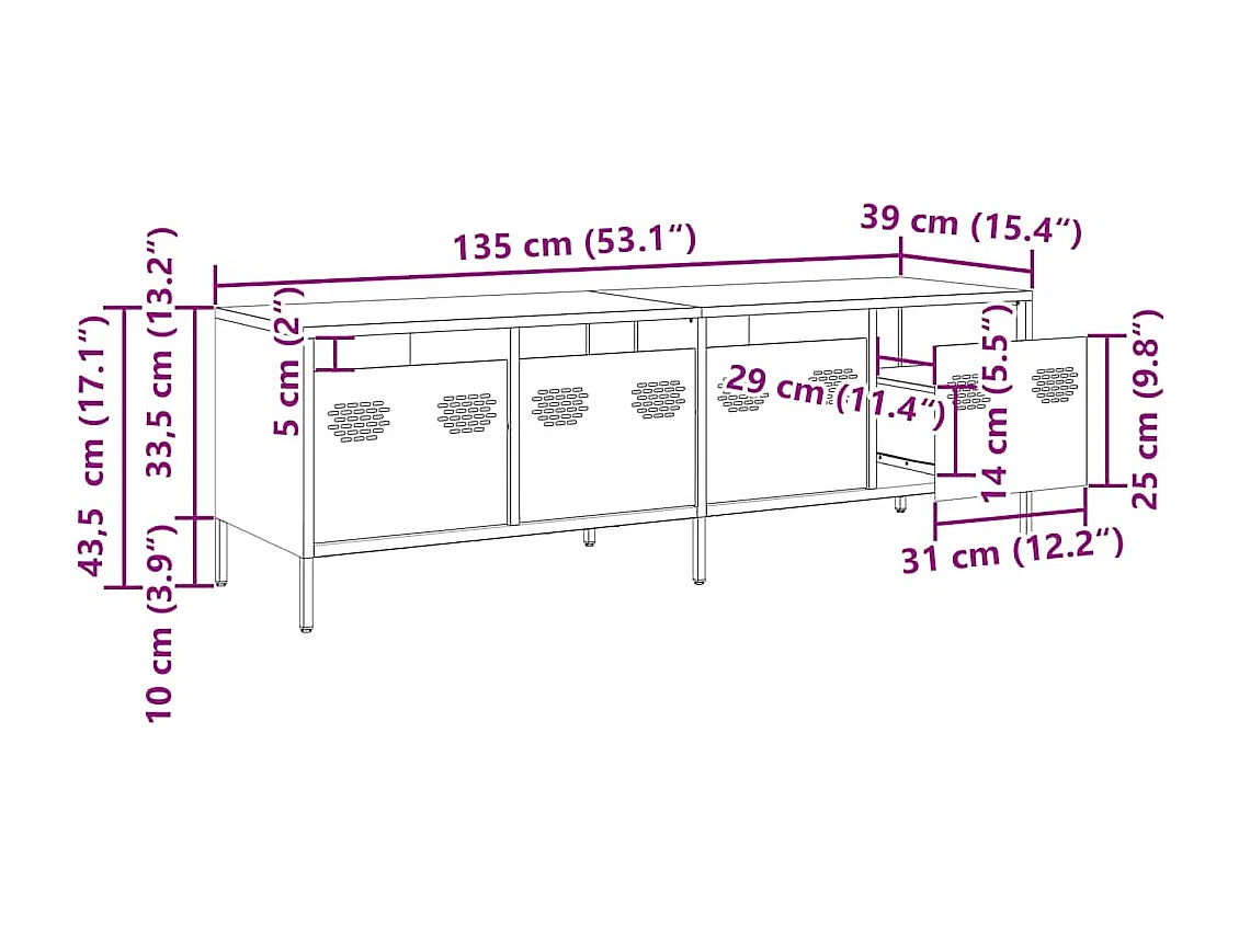 Meuble TV blanc 135x39x43,5 cm acier laminé à froid