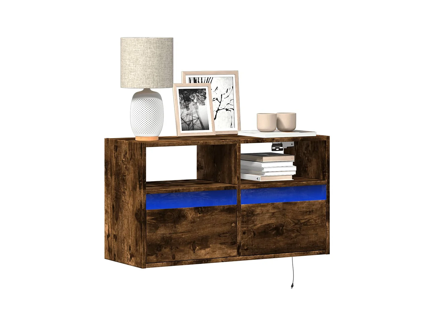 Meuble TV mural avec lumières LED chêne fumé 80x31x45 cm