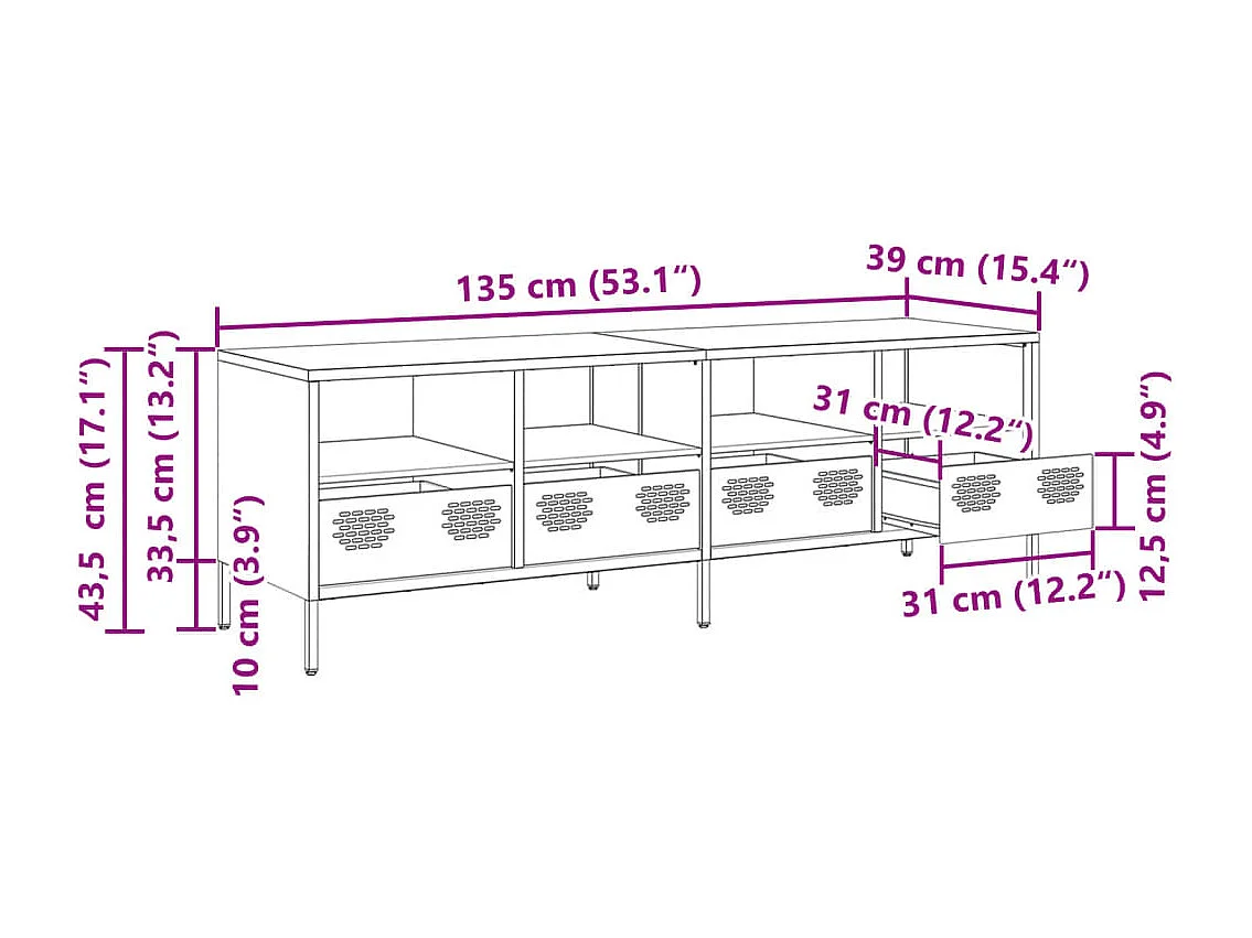 Meuble TV anthracite 135x39x43,5 cm acier laminé à froid