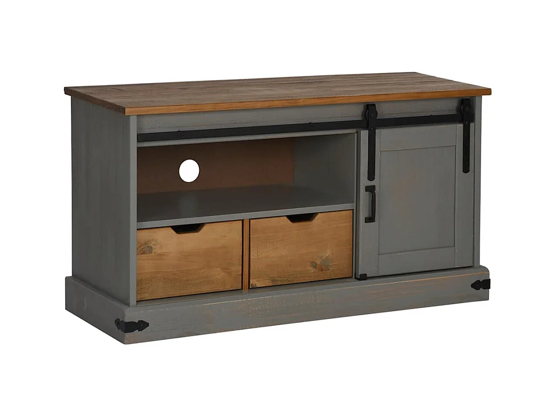 Meuble TV HALDEN porte coulissante gris 110x40x60cm bois massif