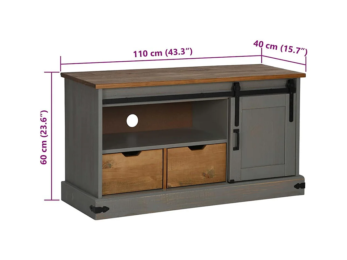 Meuble TV HALDEN porte coulissante gris 110x40x60cm bois massif