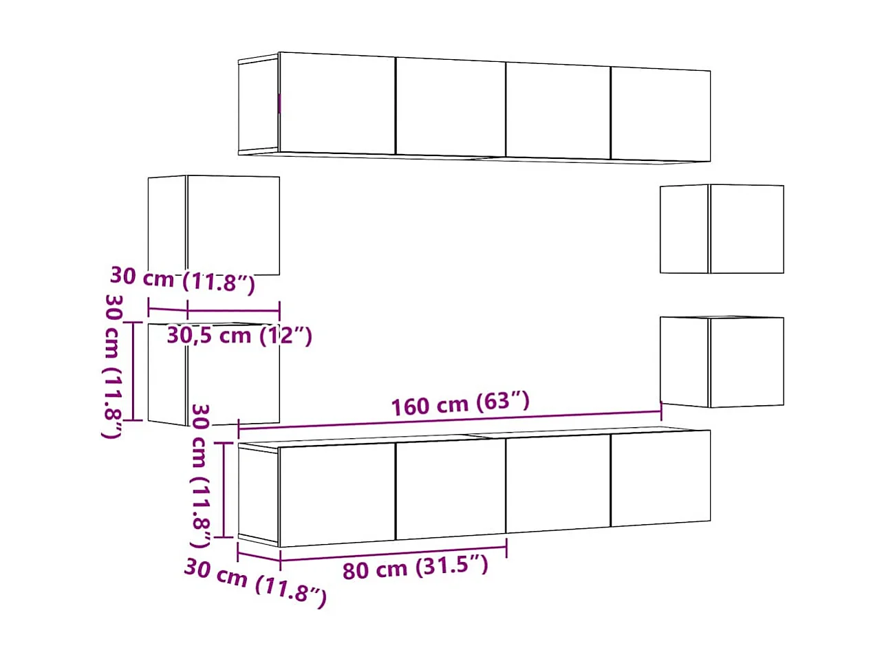 8-tlg. TV-Schrank-Set Wandmontage Altholz-Optik Holzwerkstoff