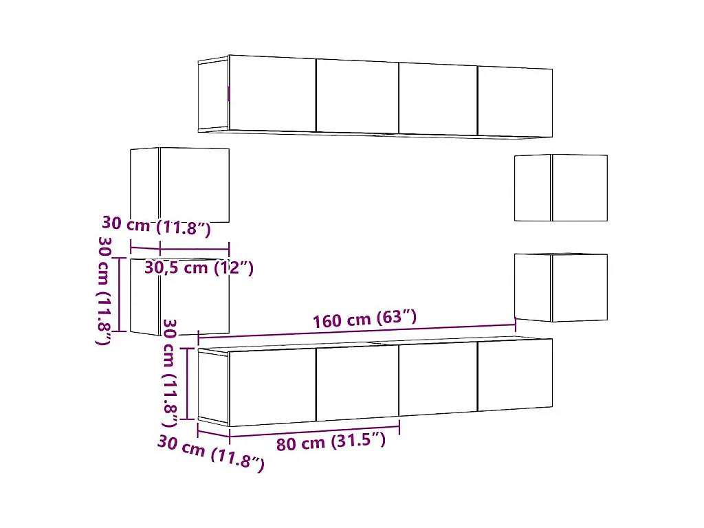 8-tlg. TV-Schrank-Set Wandmontage Altholz-Optik Holzwerkstoff