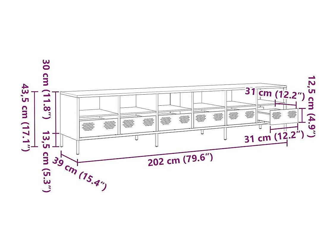 Meuble TV anthracite 202x39x43,5 cm acier laminé à froid