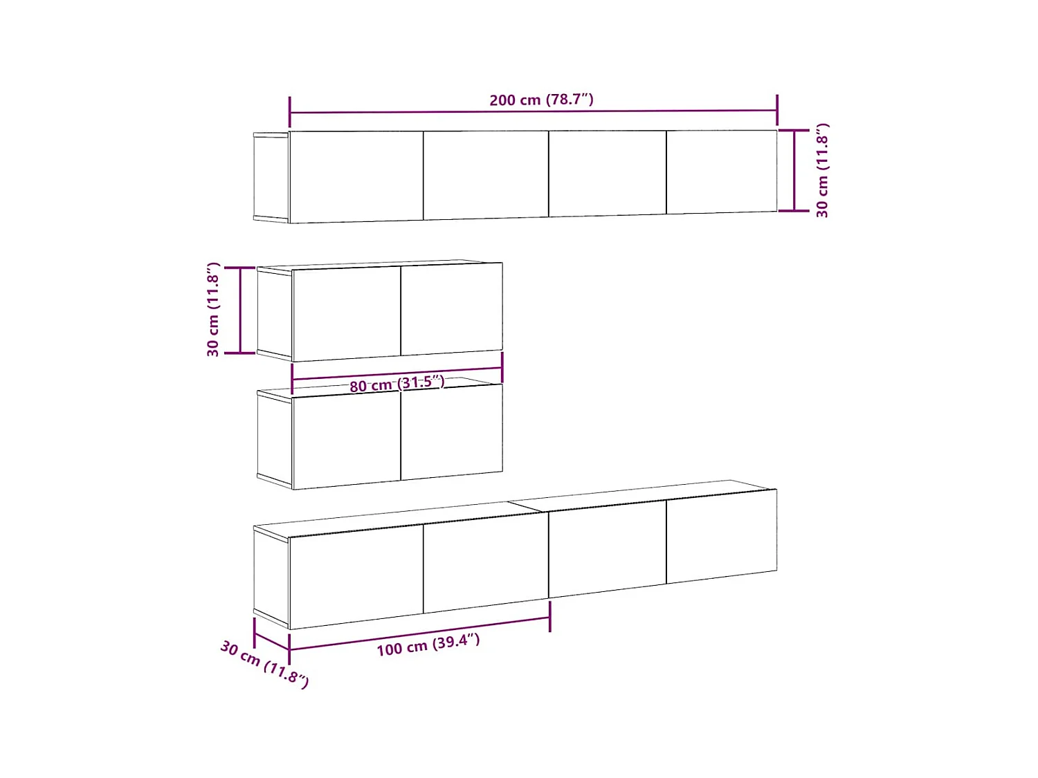 Mueble para TV de pared madera contrachapada artesanal 6 piezas