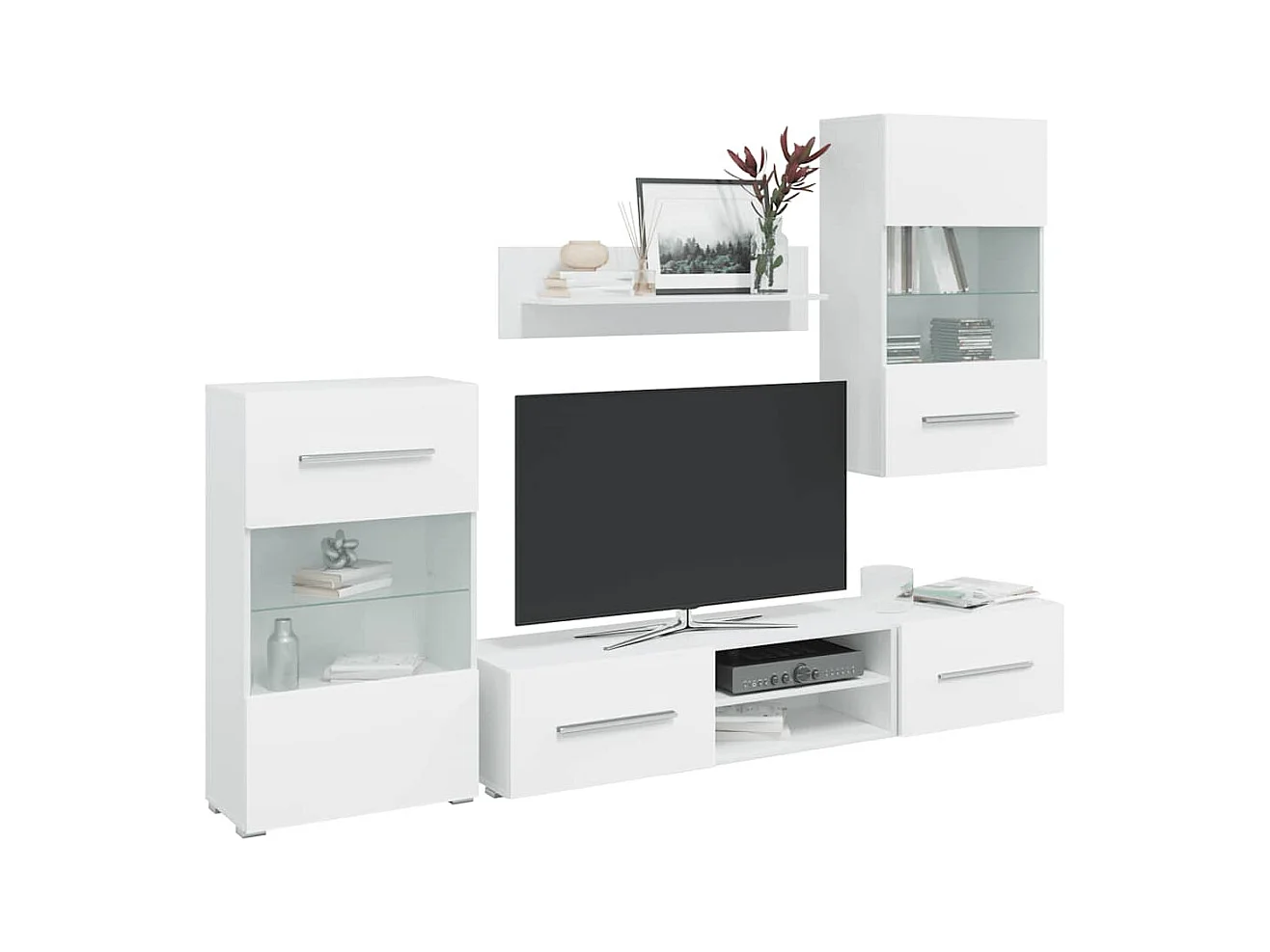 Meubles TV 5 pcs avec lumière LED blanc mat bois d'ingénierie
