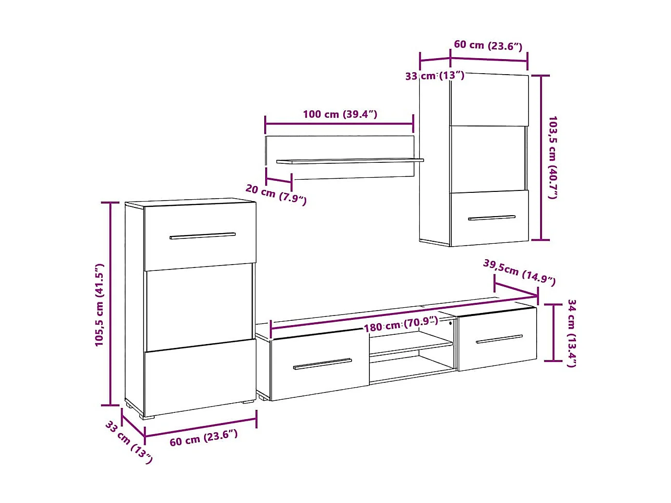 Muebles para TV 5 piezas con iluminación LED blanco mate