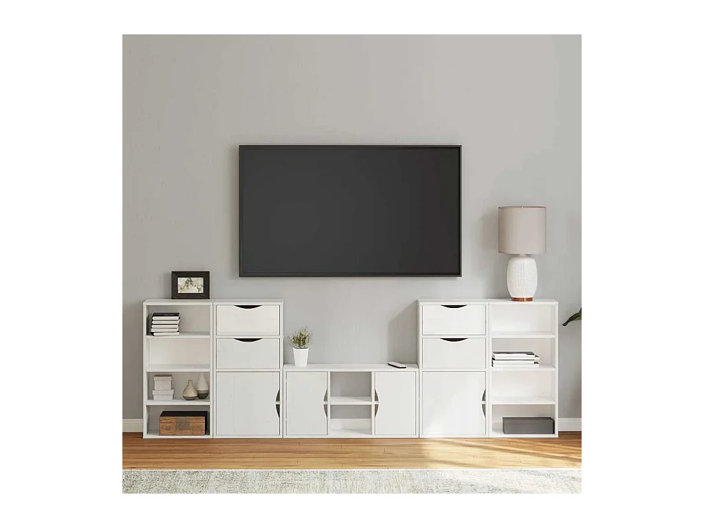 Meubles TV 5 pcs avec rangement ODDA blanc bois de pin massif