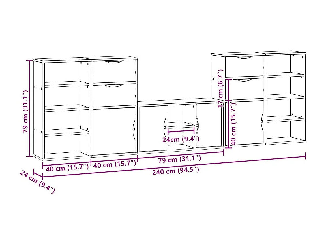 Mobile TV 5 pz con Contenitore ODDA Bianco in Legno di Pino