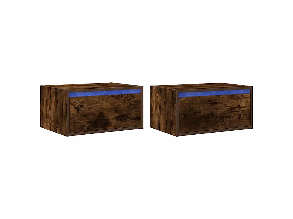Tables de chevet murales avec lumières LED 2 pcs chêne fumé