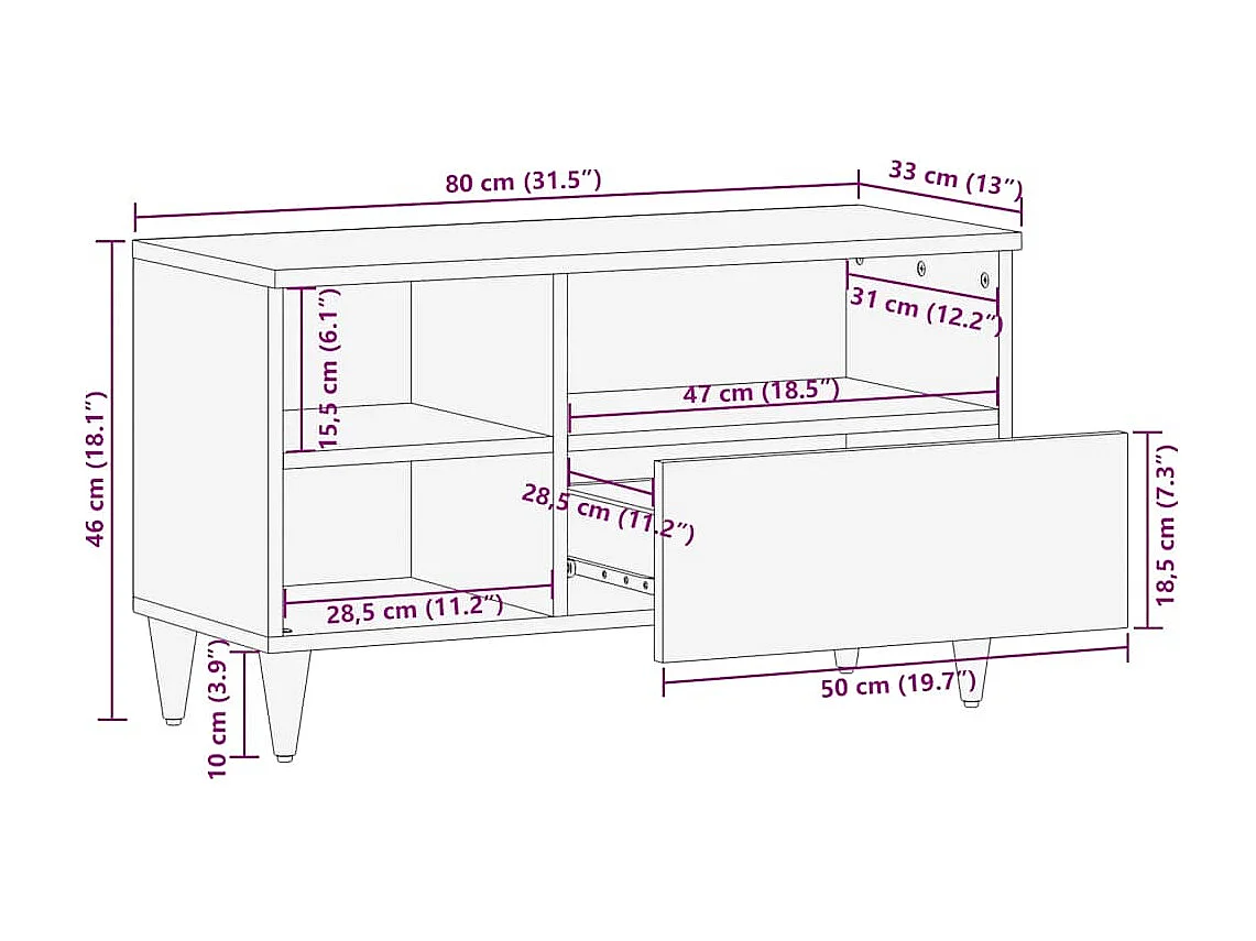 Meuble TV noir 80x33x46 cm bois massif de manguier