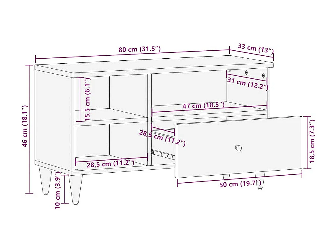 Meuble TV noir 80x33x46 cm bois massif de manguier