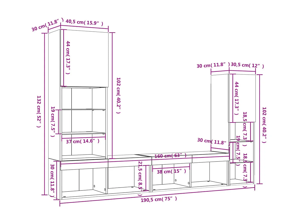 4 pcs móveis parede p/ TV c/ LEDs deriv. madeira cinza sonoma