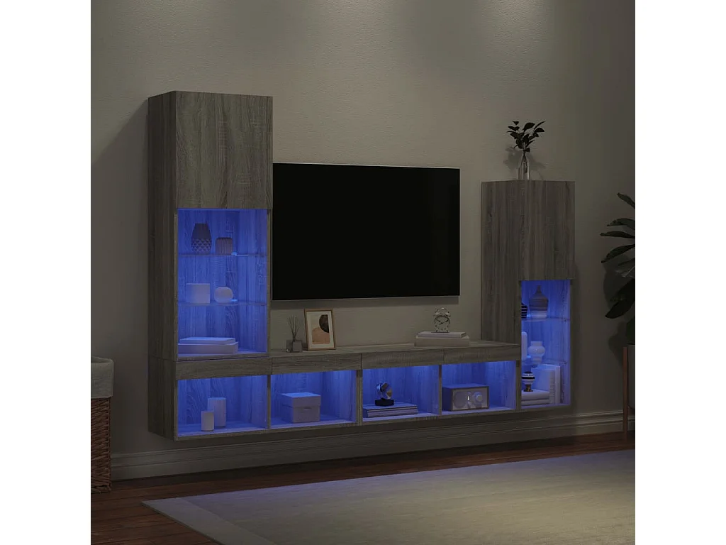 Muebles TV pared con LED 4 pzas madera ingeniería gris Sonoma