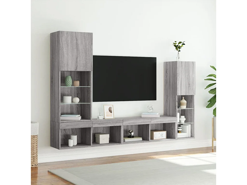 Muebles TV pared con LED 4 pzas madera ingeniería gris Sonoma