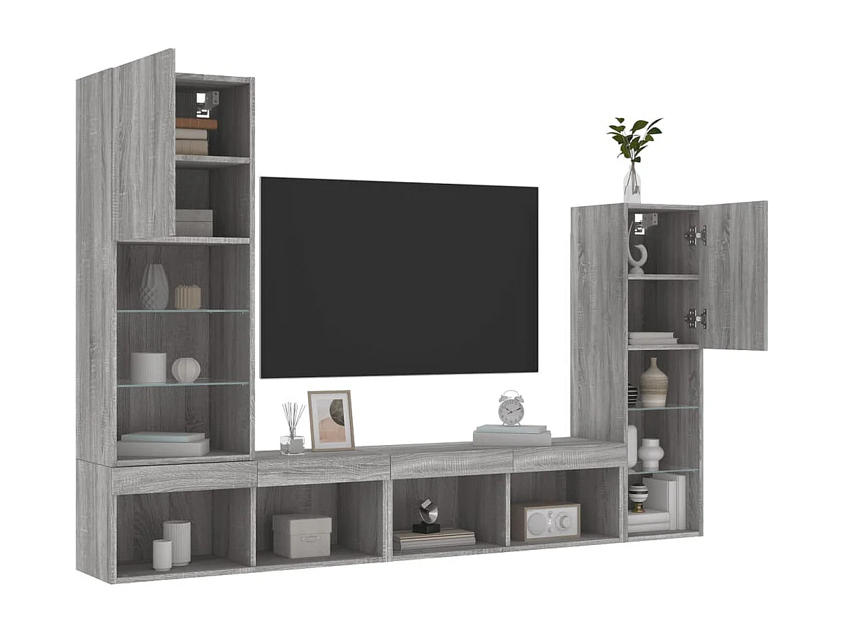 Muebles TV pared con LED 4 pzas madera ingeniería gris Sonoma
