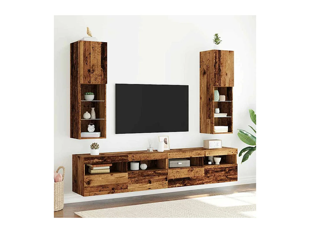 Meubles TV avec lumières LED 2 pcs vieux bois 30,5x30x102 cm