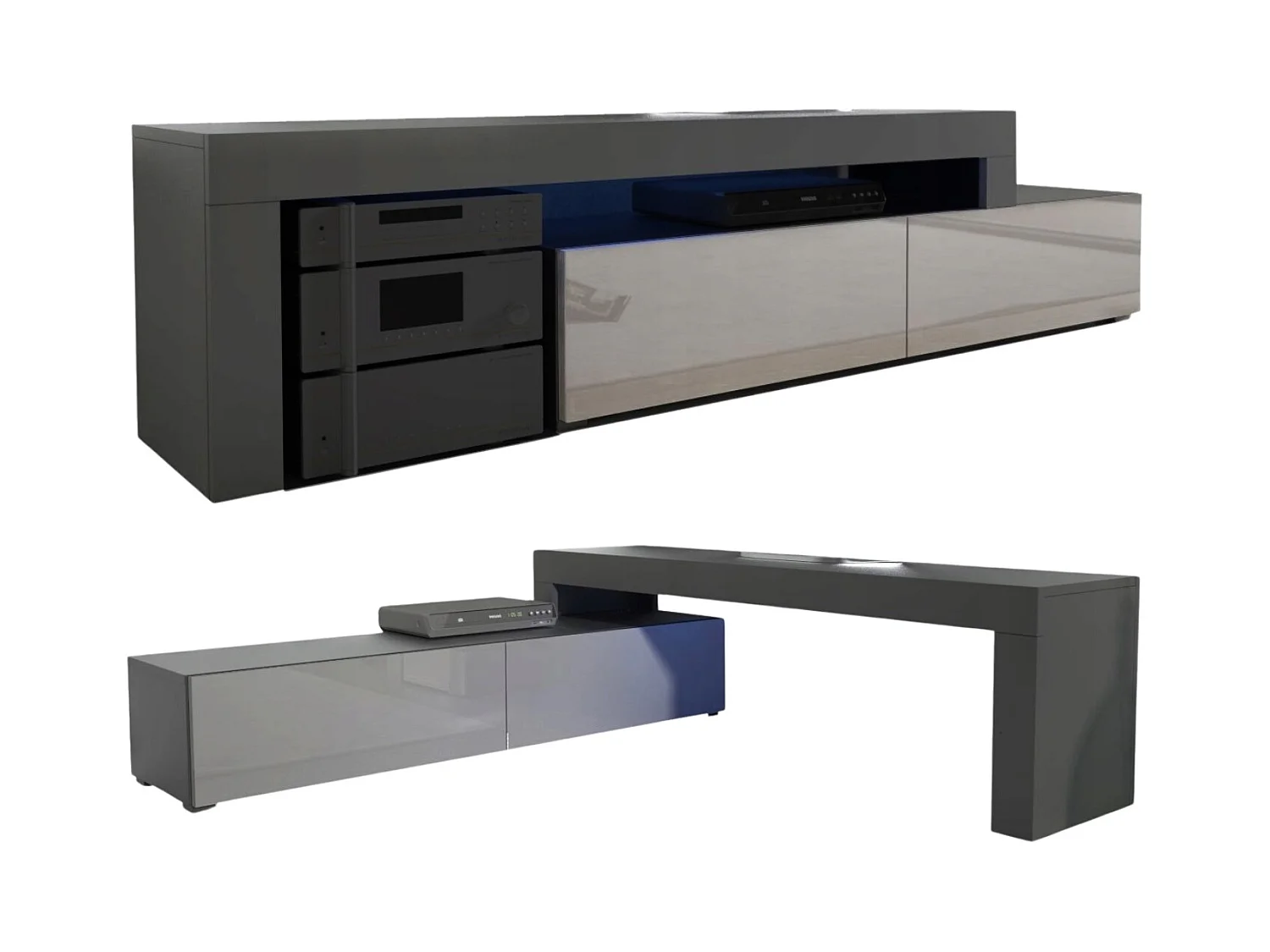 MEUBLE TV FLEX 148 - 280 cm LED NOIR MAT GRIS LAQUE MODULABLE / EXTENSIBLE / ANGLE