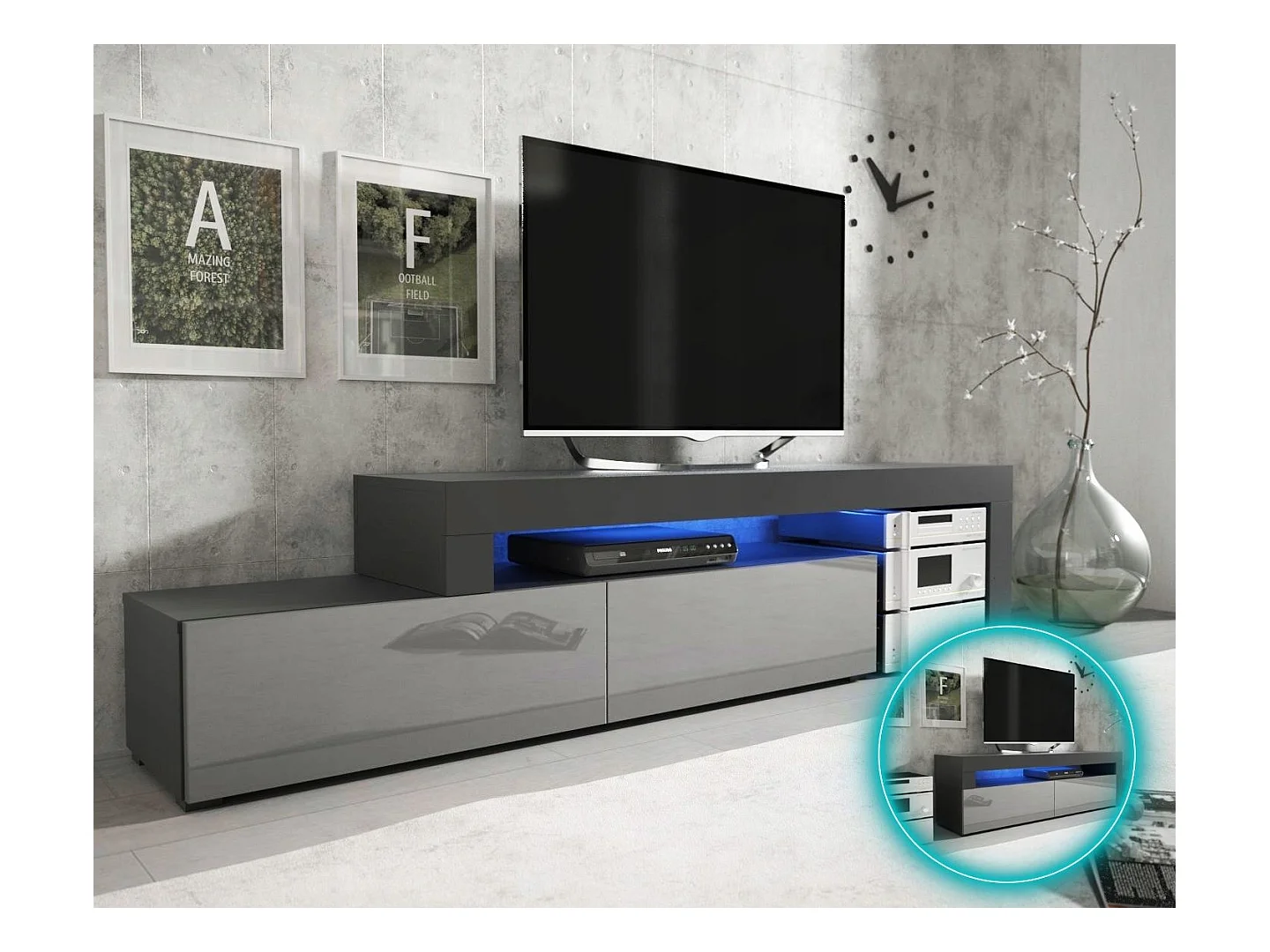 MEUBLE TV FLEX 148 - 280 cm LED NOIR MAT GRIS LAQUE MODULABLE / EXTENSIBLE / ANGLE