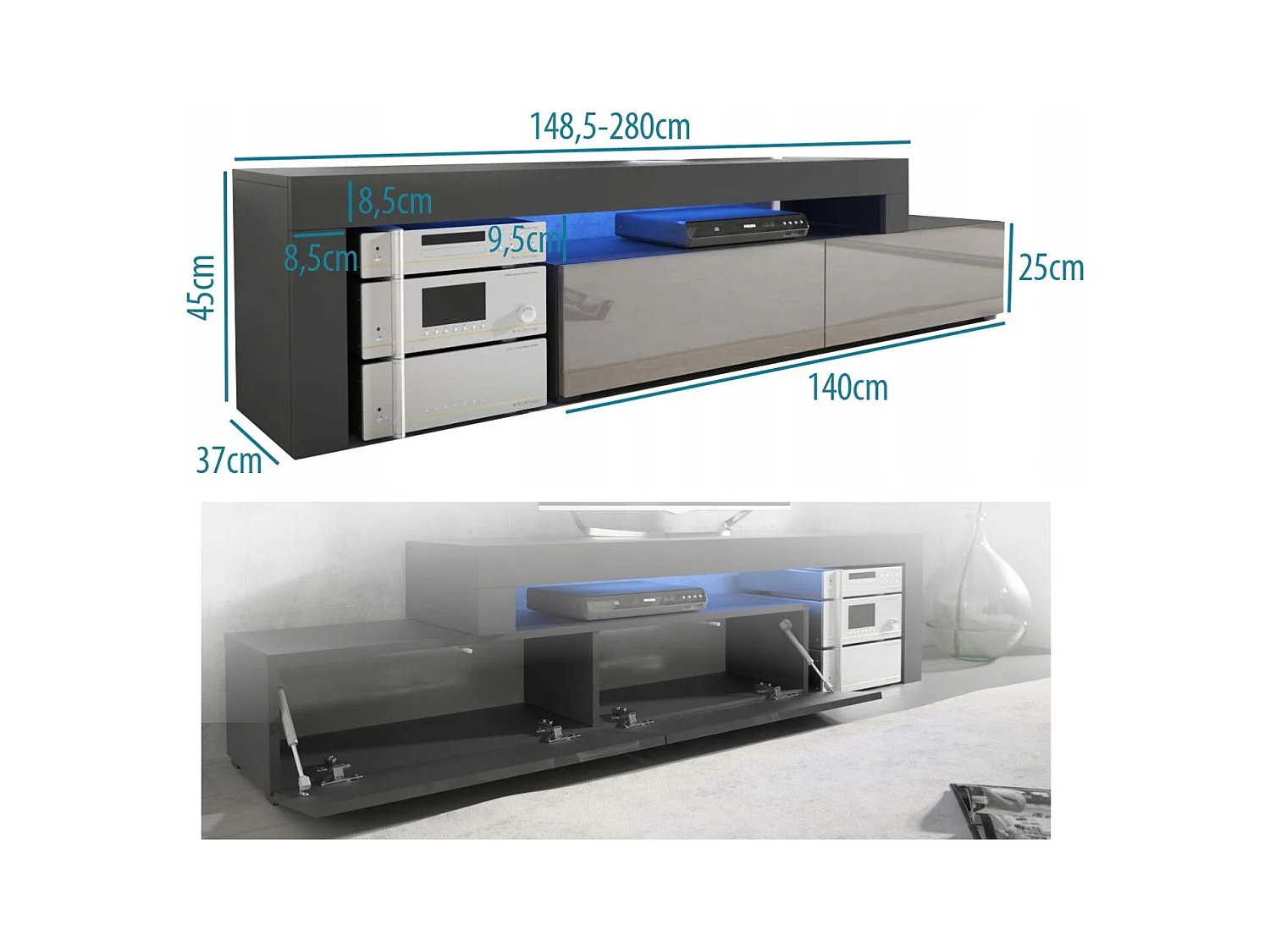 MEUBLE TV FLEX 148 - 280 cm LED NOIR MAT GRIS LAQUE MODULABLE / EXTENSIBLE / ANGLE