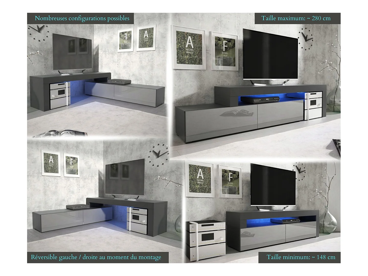MEUBLE TV FLEX 148 - 280 cm LED NOIR MAT GRIS LAQUE MODULABLE / EXTENSIBLE / ANGLE
