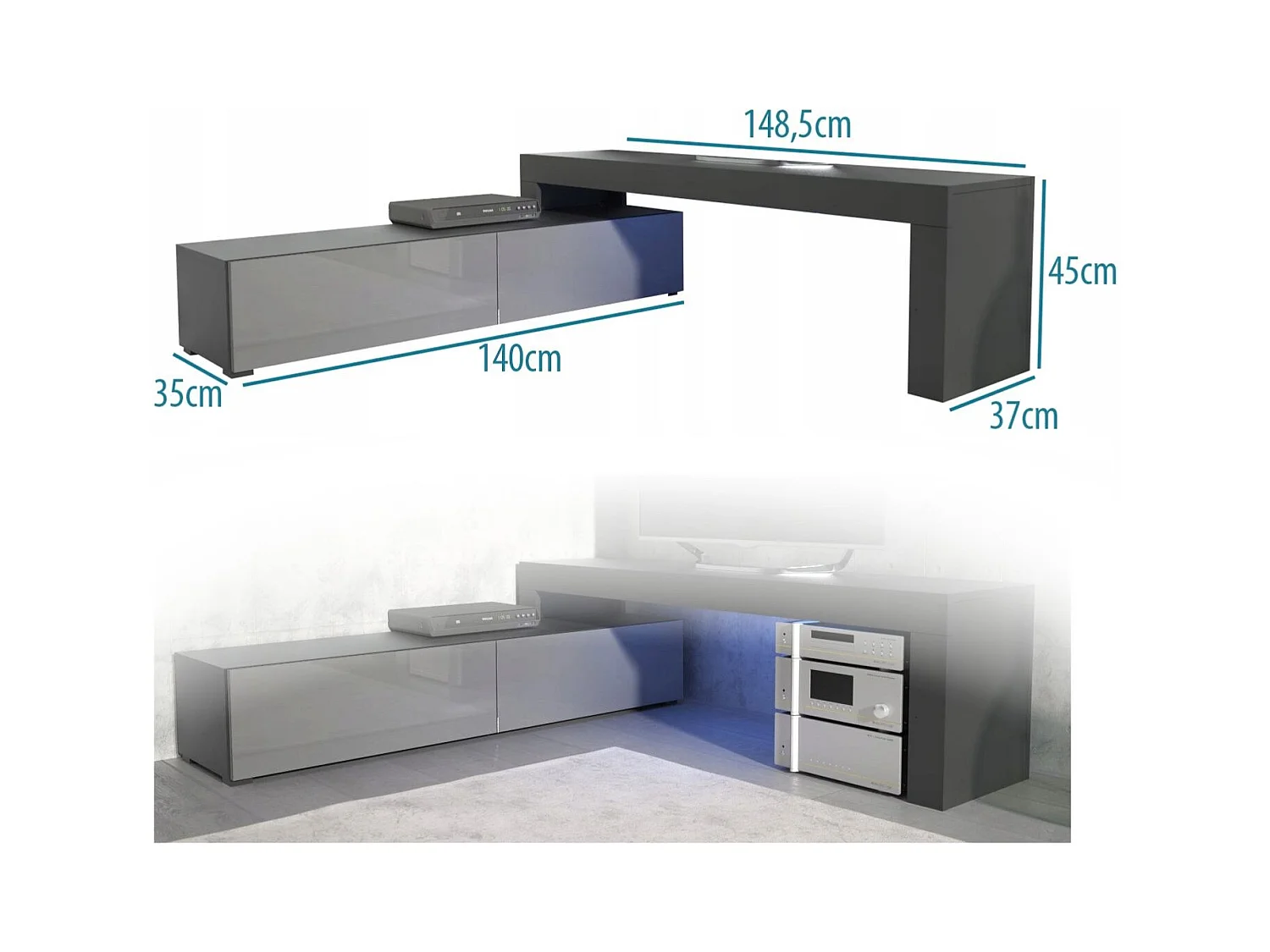 MEUBLE TV FLEX 148 - 280 cm LED NOIR MAT GRIS LAQUE MODULABLE / EXTENSIBLE / ANGLE