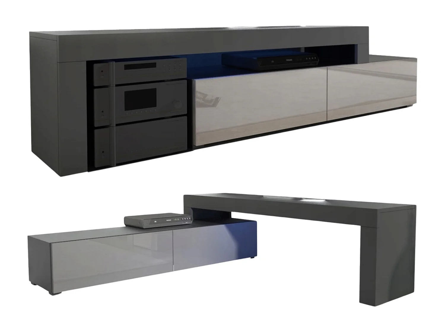 MEUBLE TV FLEX 148 - 280 cm LED NOIR MAT GRIS LAQUE MODULABLE / EXTENSIBLE / ANGLE