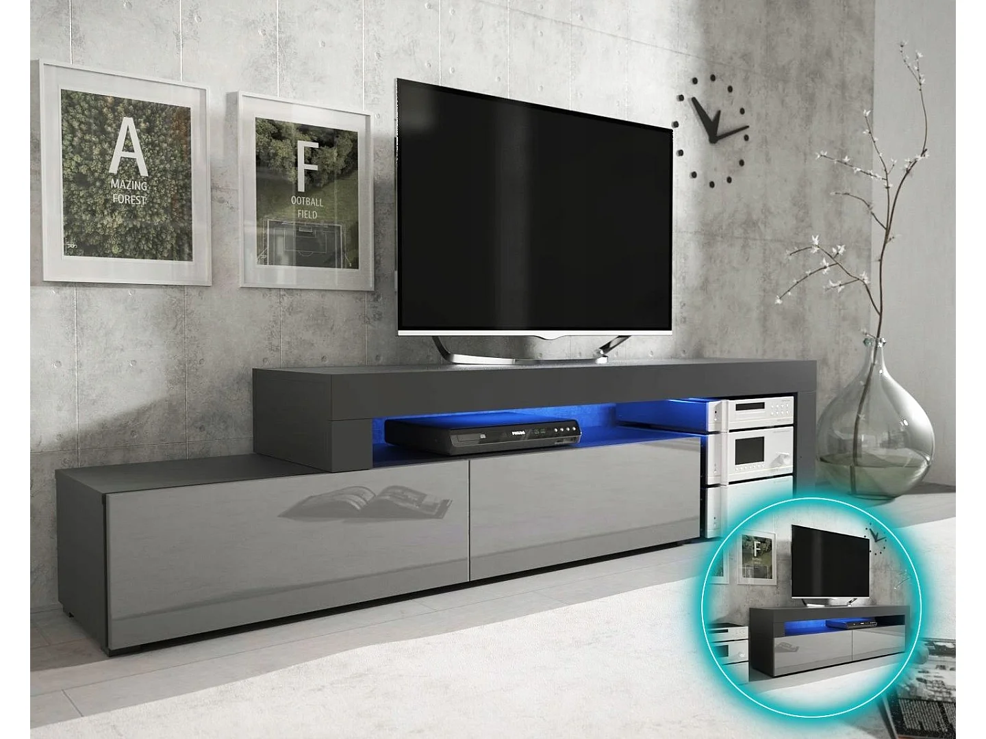 MEUBLE TV FLEX 148 - 280 cm LED NOIR MAT GRIS LAQUE MODULABLE / EXTENSIBLE / ANGLE