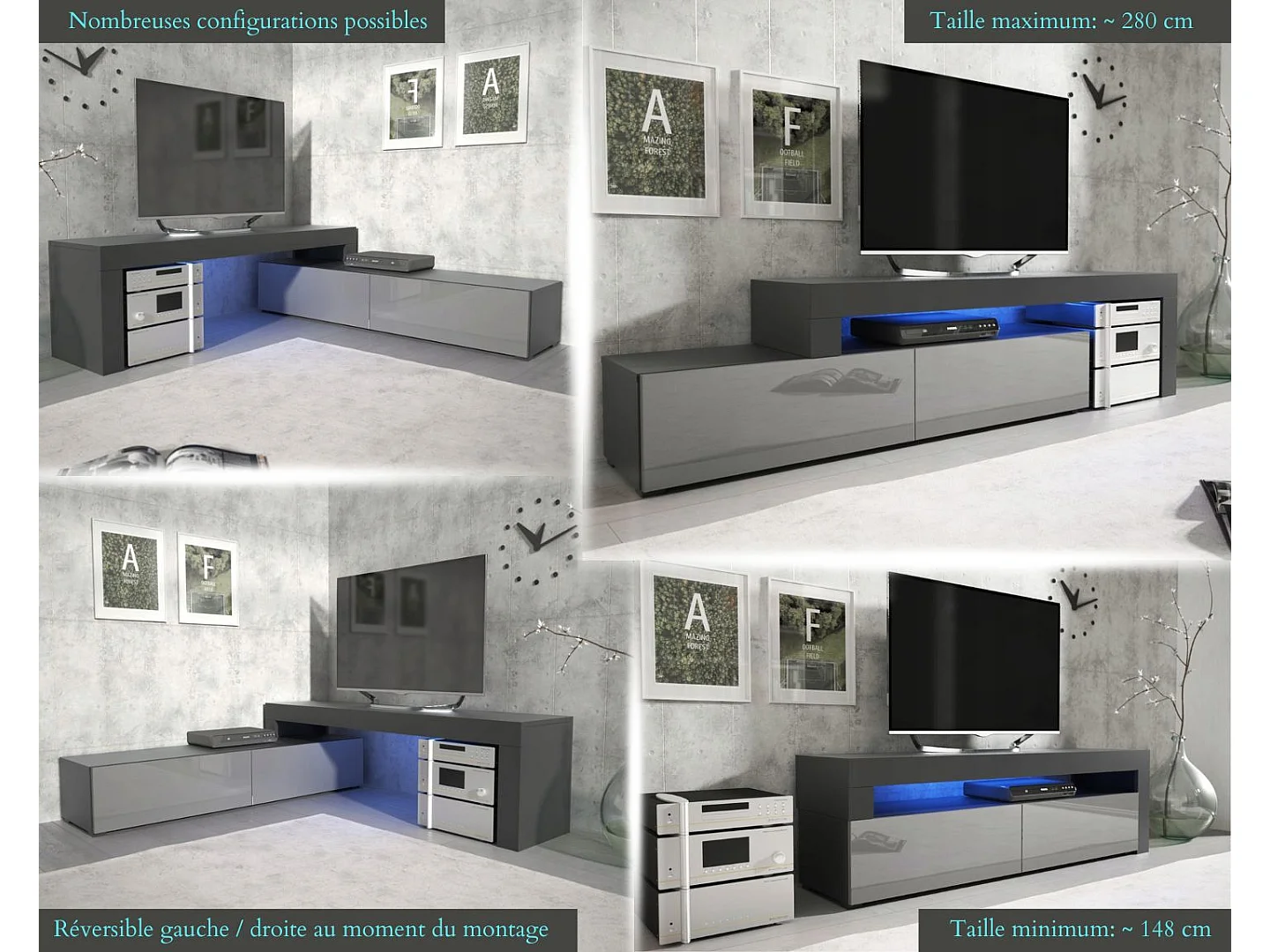 MEUBLE TV FLEX 148 - 280 cm LED NOIR MAT GRIS LAQUE MODULABLE / EXTENSIBLE / ANGLE