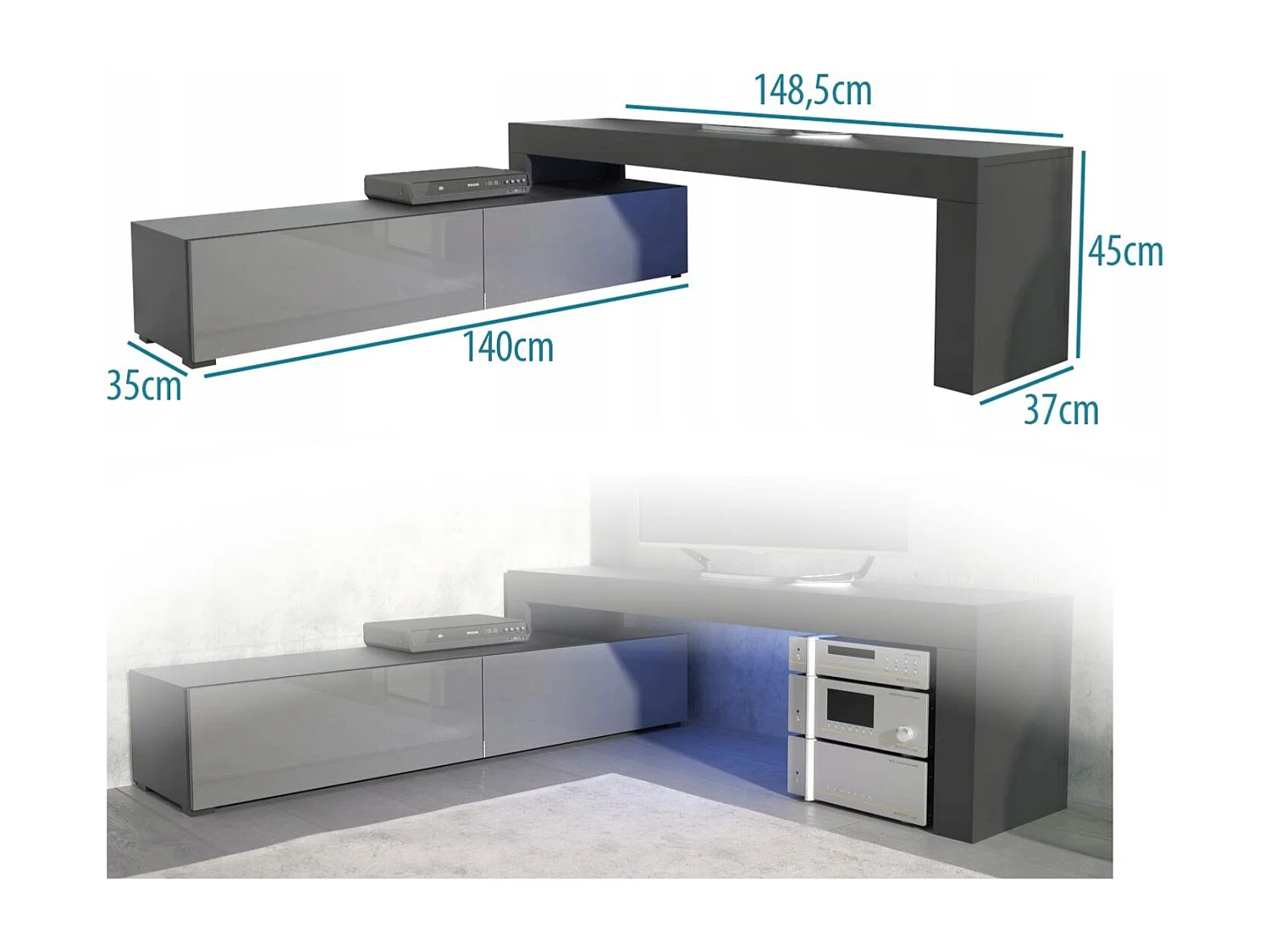 MEUBLE TV FLEX 148 - 280 cm LED NOIR MAT GRIS LAQUE MODULABLE / EXTENSIBLE / ANGLE